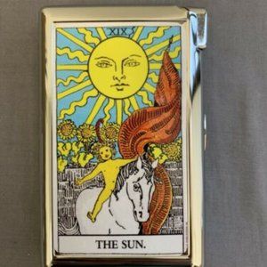 Sun Tarot Card Cigarette Accessory Case W/Built In Butane Lighter